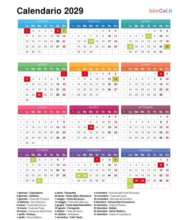 Calendario 2029 Italia bimCal.it