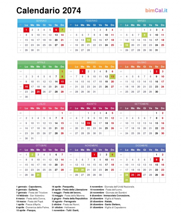 Calendario 2074 Italia bimCal.it